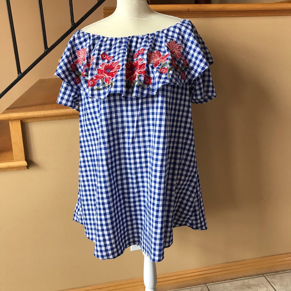 Umgee embroidered off shoulder dress blue check L